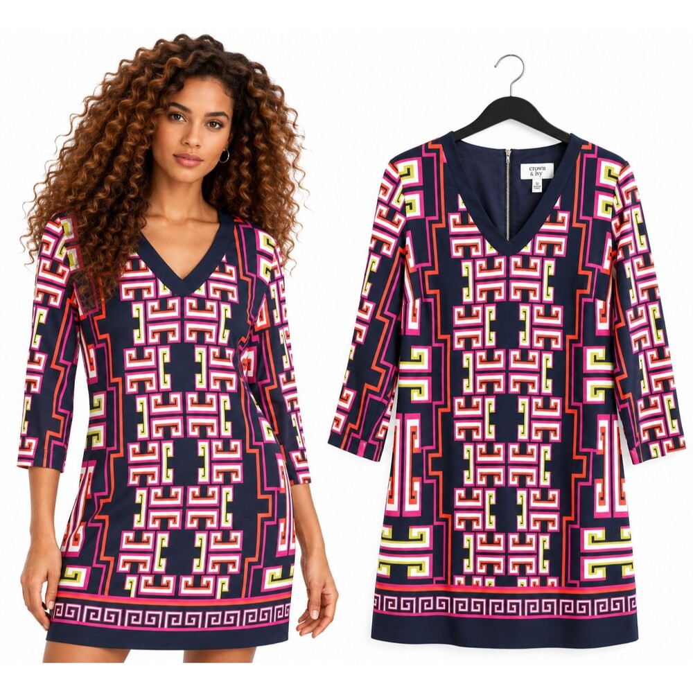 Crown & Ivy Shift Dress Size 10 Navy Pink Geometric Greek Key 3/4 Sleeve